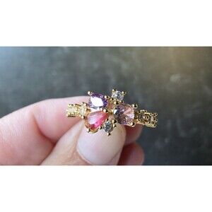 Pink & Purple Rhinestone Gold Tone Metal Ring Size 6.75 Costume Jewelry